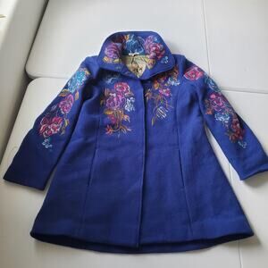 IVKO Coat Womens 38/ M Blue 100% Wool Embroidered Floral Boho Folk Mid Length